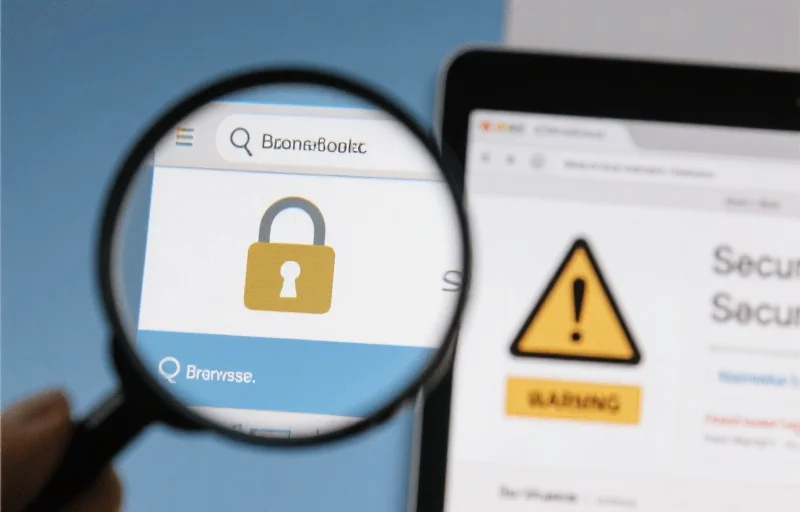 放大镜聚焦在带有安全锁标志的浏览器地址栏，旁边对比一个警告标志的网站，突出安全与风险对比