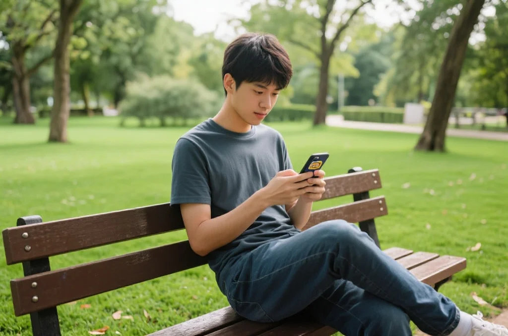 一位年轻人在公园长椅上使用智能手机浏览彩票应用，周围是绿色草坪和树木