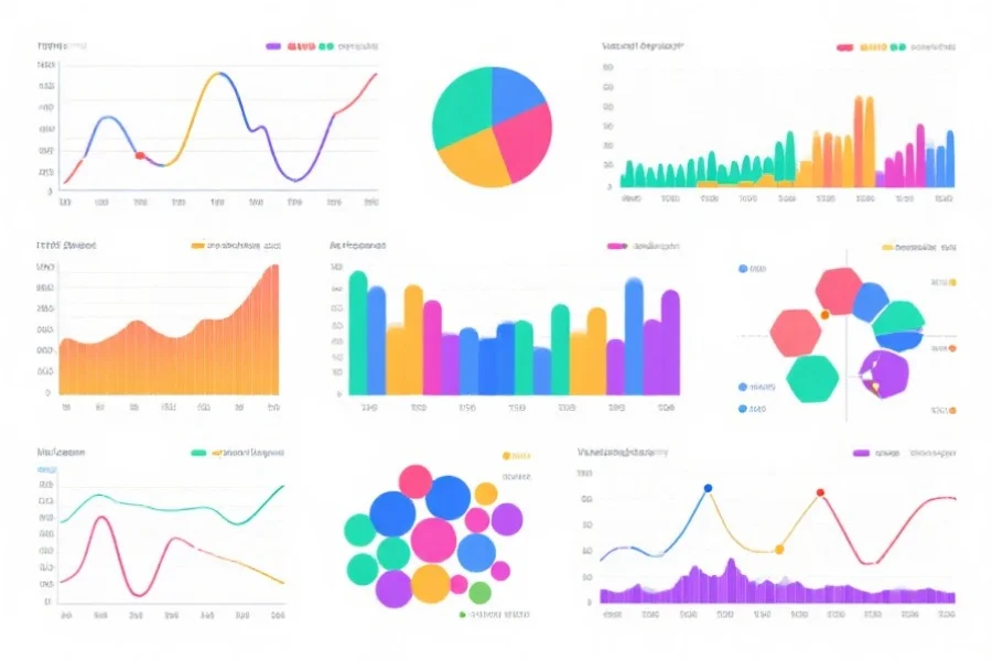 一组可视化的数据模式图,包括时间序列曲线、聚类分布和异常点标记,色彩明亮,科学感强